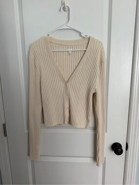 aerie Cream Ribbed V-Neck Cropped Button Cardigan